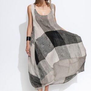 Banana Blue linen patchwork mixed print Dress Women’s Sz S pockets